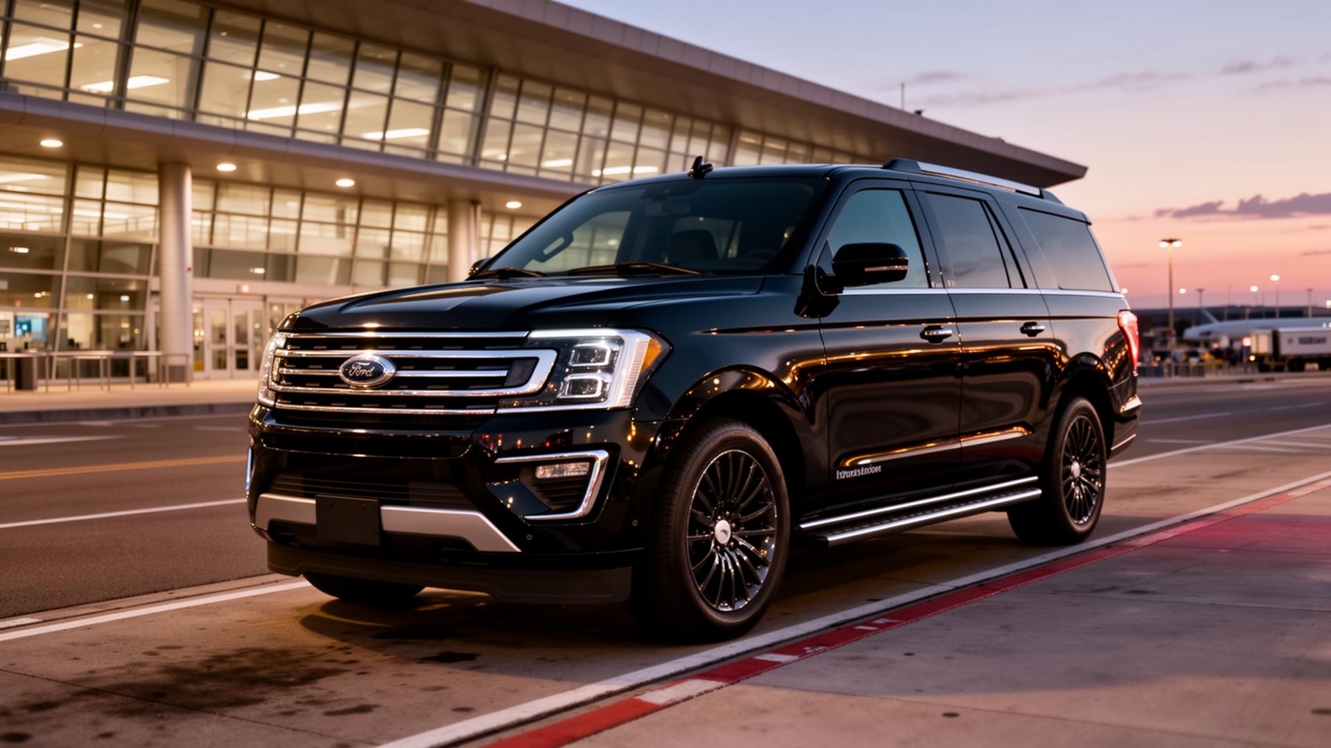 Black 2021 Ford Expedition Max chauffeur SUV at airport terminal